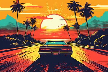 Wall Mural - Summer vibes 80s style illustration with car driving into sunset. Generative AI 14