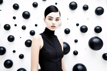 Sticker - Woman in black dress standing in front of wall of black balls. Generative AI.