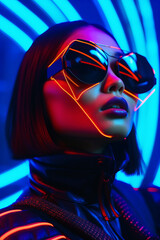 Canvas Print - Woman wearing neon glasses and choker with neon lights on her face. Generative AI.