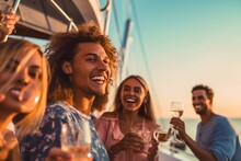 Group Of Diverse Friends Drink Champagne While Having A Party In Yacht. Attractive Young Men And Women Hanging Out, Celebrating Holiday Vacation Trip While Catamaran Boat Sailing