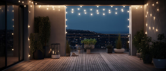 Summer night, evening party on the rooftop of suburban house. Place for rest,party, tea drinking. outdoors vacation concept. Interior design.Generative ai 