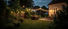 Summer Evening On The Patio Of Suburban House With Garden,backyard Forniture,lamp Garland.Place For Rest,party,tea Drinking,reading Books,breakfast.outdoors Vacation Concept.Interior Design.Generative