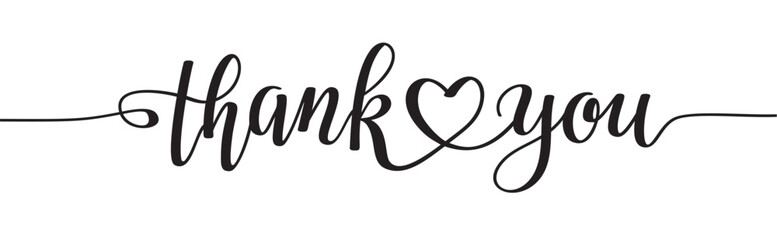 Sticker - Thank you black lettering horizontal phrase with line heart. Design element.