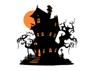 Halloween illustration with silhouette of house at glowing moon and dead trees, bats.