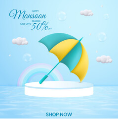 Wall Mural - 3D beautiful creative umbrella with podium for product placement with Monsoon season background, clouds and rainbow.