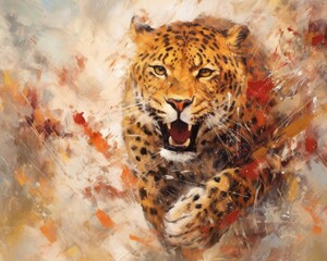 Wall Mural - Leopard  form and spirit through an abstract lens. dynamic and expressive Leopard print by using bold brushstrokes, splatters, and drips of paint. Leopard raw power and untamed energy