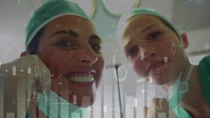 Sticker - Animation of data processing over smiling caucasian female surgeons removing masks in theatre