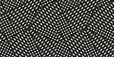 Vector geometric seamless pattern. Abstract black and white graphic background with small shapes, lines, lattice. Modern grid texture. Stylish geo background. Minimalist repeat design for decor, print
