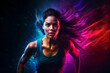 Determined woman running in colorful cinematic lighting. Red and blue tones. Fitness theme.