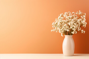 Poster - Beautiful gypsophila flowers in vase on beige background, closeup. Space for text