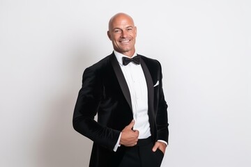 Wall Mural - Portrait of a happy mature man in tuxedo standing against white background