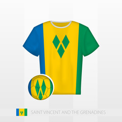 Football uniform of national team of Saint Vincent and the Grenadines with football ball with flag of Saint Vincent and the Grenadines. Soccer jersey and soccerball with flag.