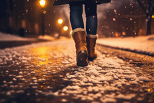 Back View Of Close Up Of A Woman Leg Walking In Snowy Winter Night Park. AI Generative
