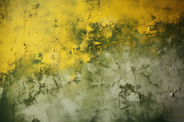 Poster - Toned painted old concrete wall with plaster. Yellow green color vintage texture background. Olive shade. Close-up. Rough brush strokes. Grungy, grainy, uneven surface. Empty