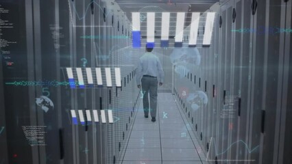 Canvas Print - Animation of cyber security data processing over male engineer walking in computer server room