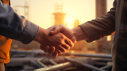 Shot hands of businessman meeting in a firm shake. Construction contractor join hands in success and good contracts, teamwork and collaboration. Generative AI