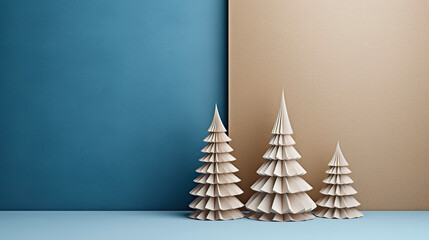 Wall Mural - A group of three paper christmas trees on a table. Generative AI.