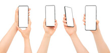 Set Of Woman Hands Using Smartphone With Blank Screen, Isolated On Transparent Background
