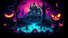 An Illustrated Neon Halloween Scene On A Black Background