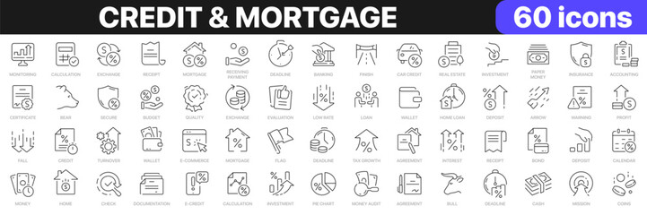 credit and mortgage line icons collection. loan, banking, money, calculation icons. ui icon set. thi