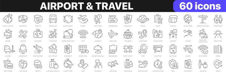airport and travel line icons collection. flight, vacation, ticket icons. ui icon set. thin outline 