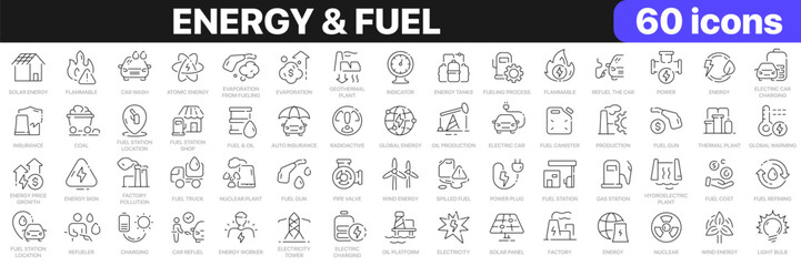 Wall Mural - Energy and fuel line icons collection. Power, fuel station, charging, car icons. UI icon set. Thin outline icons pack. Vector illustration EPS10
