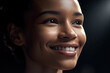 © ADDICTIVE STOCK - Generative AI illustration of closeup of young African American woman face with perfect skin smiling and looking away against black background