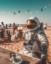 Generative AI Image Of Anonymous Astronaut In Spacesuit And Protective Helmet Sitting At Wooden Table With Beer In Sunny Day At Beach