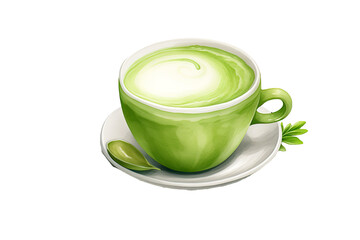 Wall Mural - Watercolor Matcha Green tea elements menu objects isolated on clear png background, various Japan matcha cups in cafe shop, morning drinks, delicious beverages clipart set, with Generative Ai.