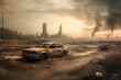© ADDICTIVE STOCK - Generative AI illustration of post apocalyptic scenery with damaged car and smoking city in clouds