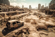 © ADDICTIVE STOCK - Generative AI illustration of dead dry ground with wrecked car in demolished city after apocalypse