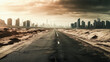 © ADDICTIVE STOCK - Generative AI illustration of post apocalyptic scenery with damaged and smoking city in clouds