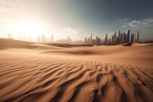 Generative AI Illustration Of Deserted Megapolis With Sandy Dunes