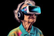 © ADDICTIVE STOCK - Generative AI illustration of side view of elegant senior woman in colorful sweater and VR goggles exploring virtual reality against black background