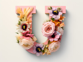 Wall Mural - Capital letter “U” made out of lush flower in art nouveau style, , wedding design, english alphabet for the festive and wedding decor and cards, generative AI