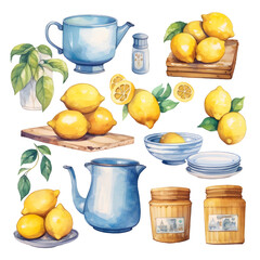 set of playful and colorful, watercolor-style illustrations of lemons and kitchen objects from Sicily