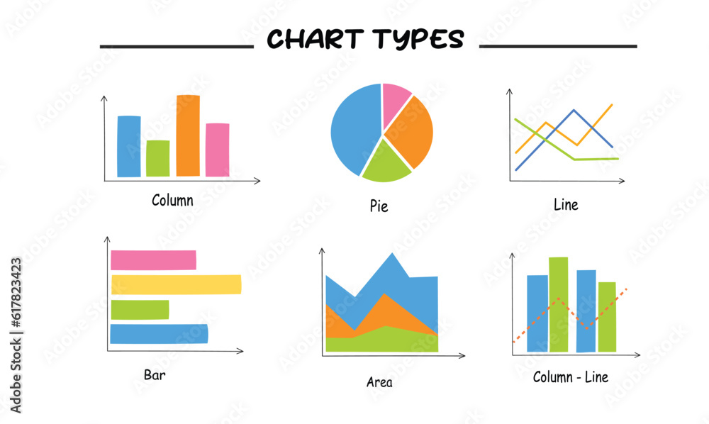 Different types of charts and graphs vector set. Column, pie, area ...