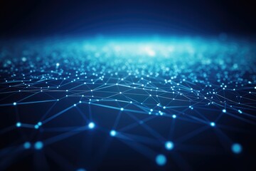 Wall Mural - abstract blue technology background with a cyber network grid and connected particles. artificial ne