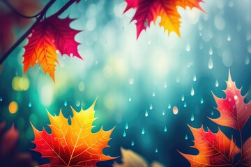 Wall Mural - Beautiful autumn background with red-orange autumn leaves on a blue background with raindrops. AI generated.