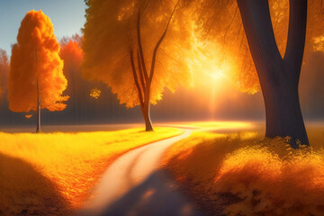 Poster - Picturesque natural autumn landscape with sun, road and beautiful trees with red and orange foliage. Generated by AI.