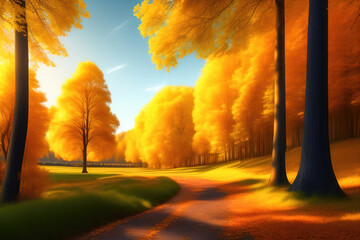 Poster - Picturesque natural autumn landscape with sun, blue sky, road and beautiful trees with red and orange foliage. Generated by AI.