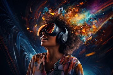 Exciting afro woman in VR glasses in neon space, digital art illustration. Generative AI