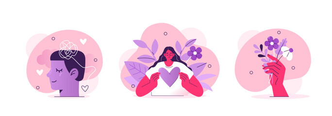 Wall Mural - mental health and psychotherapy concept illustration. collections of characters take care of mentali
