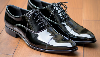 Poster - New black leather dress shoe, shiny and elegant for men generated by AI