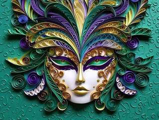 Wall Mural - A paper mask with purple and green feathers. Generative AI.