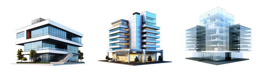 Futuristic city mall. Architectural high rise shopping center or office building, big building on transparent background. 3d rendering Public building.