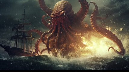 A giant octopus kraken monster attacking a pirate ship in the dark ocean. Generative AI