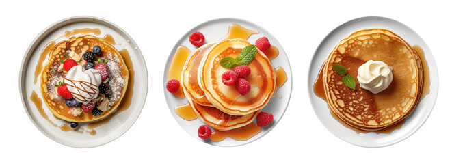 Fresh golden pancakes with cream and chocolate, fruit isolated on transparent background