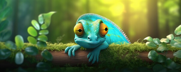 Little cartoon green chameleon sitting on branch in green rain forest, panorama. Generative ai.