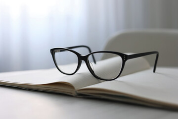 glasses for vision correction on a table in the interior of the room 